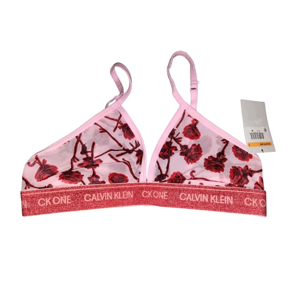 CALVIN KLEIN CK One Womens Unlined Rose Print Triangle Bralette Pink Red bra XS